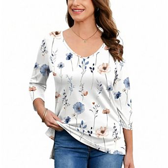 Zeagoo Women's 3/4 Sleeve V Neck Floral Tunic Top Soft Lightweight Casual Work Tops