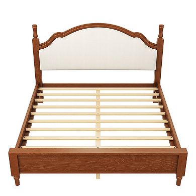 Trikiousd Wood Platform Bed Low Profile Bed w/ Curved Upholstered Headboard, Silent Slat Support