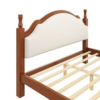 Trikiousd Wood Platform Bed Low Profile Bed w/ Curved Upholstered Headboard, Silent Slat Support