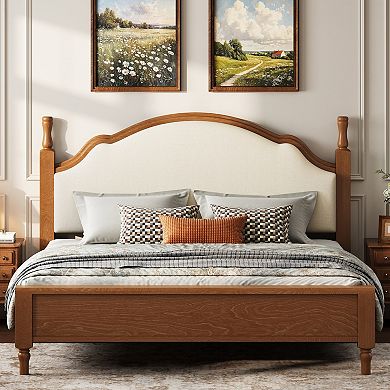 Trikiousd Wood Platform Bed Low Profile Bed w/ Curved Upholstered Headboard, Silent Slat Support