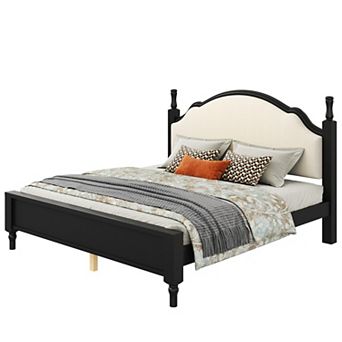Trikiousd Wood Platform Bed Low Profile Bed w/ Curved Upholstered Headboard, Silent Slat Support