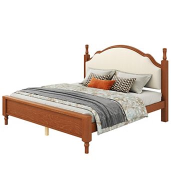 Trikiousd Wood Platform Bed Low Profile Bed w/ Curved Upholstered Headboard, Silent Slat Support