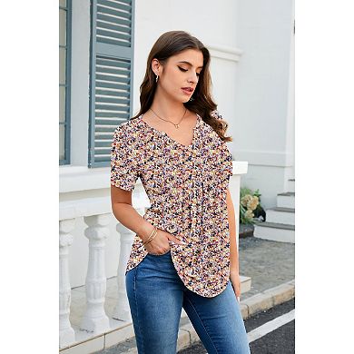 Zeagoo Women's Boho T-Shirts V-Neck Loose Basic Tee Button Comfy Shirts Casual Daily Wear