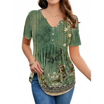 Zeagoo Women's Boho T-Shirts V-Neck Loose Basic Tee Button Comfy Shirts Casual Daily Wear
