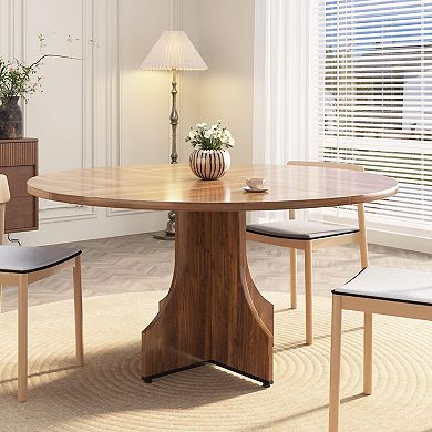 47 Inch Round Dining Table for 4-6 People, Wood Circle Kitchen Table with Pedestal Base