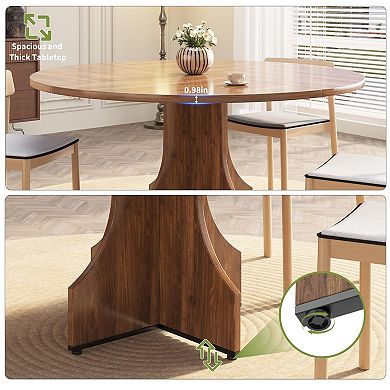 47 Inch Round Dining Table for 4-6 People, Wood Circle Kitchen Table with Pedestal Base