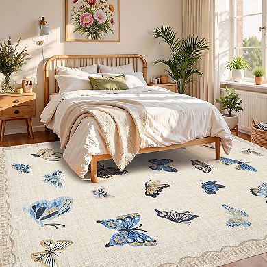 ANIXOL Butterfly Area Rug Artistic Pearl Velour Soft Low-Pile Machine Washable