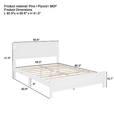 Trikiousd Farmhouse Pine Panel Bed LED Platform Bed Strengthened Bed Frame w/ USB Charging Station