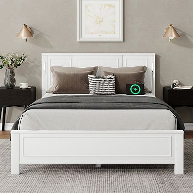 Trikiousd Farmhouse Pine Panel Bed LED Platform Bed Strengthened Bed Frame w/ USB Charging Station