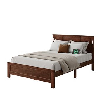 Trikiousd Farmhouse Pine Panel Bed LED Platform Bed Strengthened Bed Frame w/ USB Charging Station