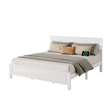 Trikiousd Farmhouse Pine Panel Bed LED Platform Bed Strengthened Bed Frame w/ USB Charging Station
