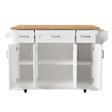 Pnronnc Rolling Kitchen Island Cart on 4 Wheels with 3 Drawers and Rubber Wood Drop Leaf