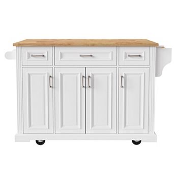 Pnronnc Rolling Kitchen Island Cart on 4 Wheels with 3 Drawers and Rubber Wood Drop Leaf