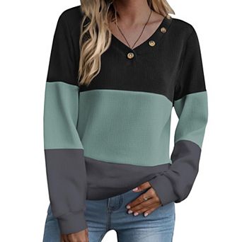 Zeagoo Women's Color Block Waffle Knitted Long Sleeve V Neck Tunic Blouses