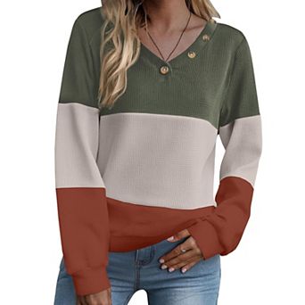 Zeagoo Women's Color Block Waffle Knitted Long Sleeve V Neck Tunic Blouses