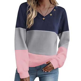 Zeagoo Women's Color Block Waffle Knitted Long Sleeve V Neck Tunic Blouses