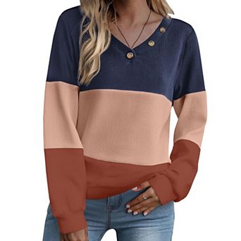 Zeagoo Women's Color Block Waffle Knitted Long Sleeve V Neck Tunic Blouses