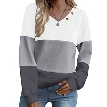 Zeagoo Women's Color Block Waffle Knitted Long Sleeve V Neck Tunic Blouses