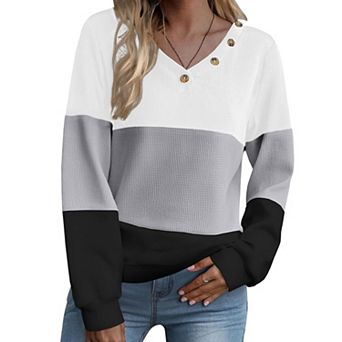 Zeagoo Women's Color Block Waffle Knitted Long Sleeve V Neck Tunic Blouses