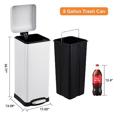 Bathroom Step Trash Can 30-Liter Square Stainless Steel Foot Pedal Garbage Can with Soft