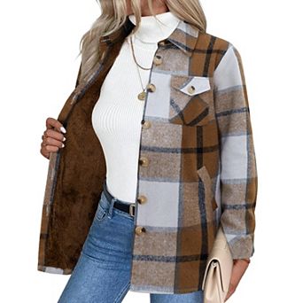 Zeagoo Women's Sherpa Jacket, Fuzzy Fleece Winter Coat, Long Sleeve Plaid Flannel Shacket