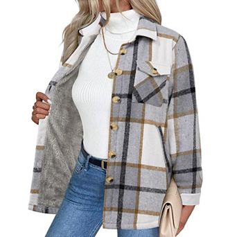 Zeagoo Women's Sherpa Jacket, Fuzzy Fleece Winter Coat, Long Sleeve Plaid Flannel Shacket