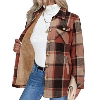 Zeagoo Women's Sherpa Jacket, Fuzzy Fleece Winter Coat, Long Sleeve Plaid Flannel Shacket