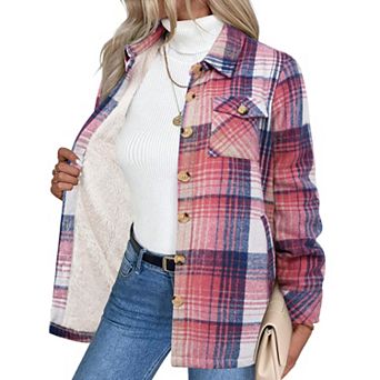 Zeagoo Women's Sherpa Jacket, Fuzzy Fleece Winter Coat, Long Sleeve Plaid Flannel Shacket
