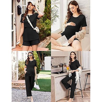 Ekouaer Women's 3-Piece Maternity & Nursing Pajama Set with Pants and Shorts