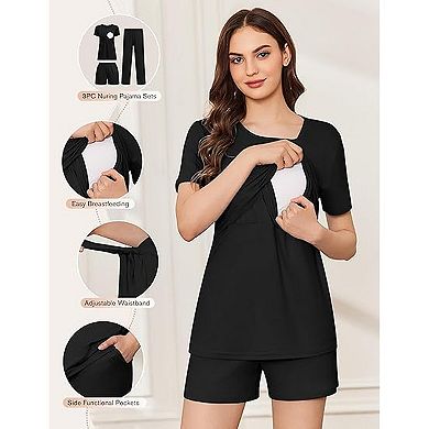 Ekouaer Women's 3-Piece Maternity & Nursing Pajama Set with Pants and Shorts