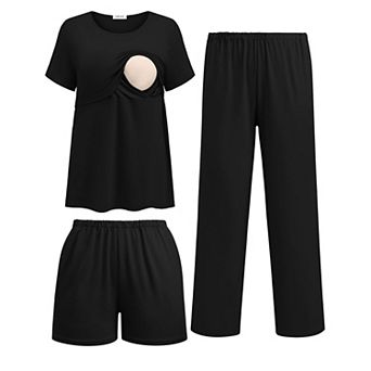 Ekouaer 3 pc Postpartum Nursing Pajamas Set Short Sleeve Breastfeeding Shirts Pregnancy Shorts