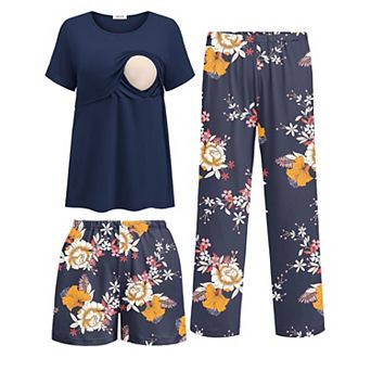 Ekouaer Women's 3 pc Maternity & Nursing Pajama Set with Pants and Shorts