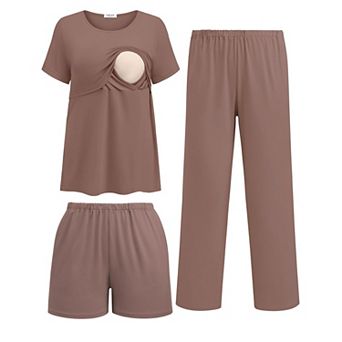 Ekouaer 3 pc Postpartum Nursing Pajamas Set Short Sleeve Breastfeeding Shirts Pregnancy Shorts