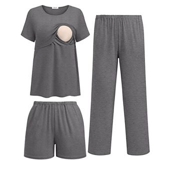 Ekouaer 3 pc Postpartum Nursing Pajamas Set Short Sleeve Breastfeeding Shirts Pregnancy Shorts