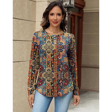 Zeagoo Women's Floral Long Sleeve Henley Shirts Button Down Blouses Casual Tunic Tee Tops