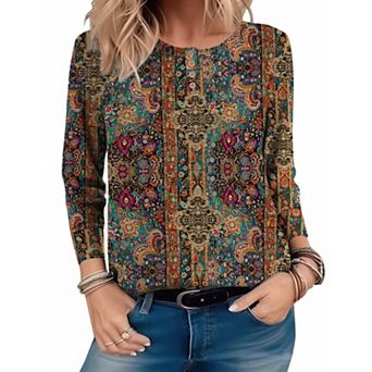 Zeagoo Women's Floral Long Sleeve Henley Shirts Button Down Blouses Casual Tunic Tee Tops