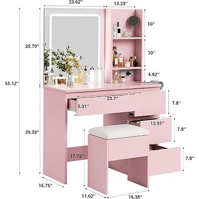 Lighted Makeup Vanity Desk with 4 Drawers, Power Outlet, Stool & Shelves, Adjustable Lighting