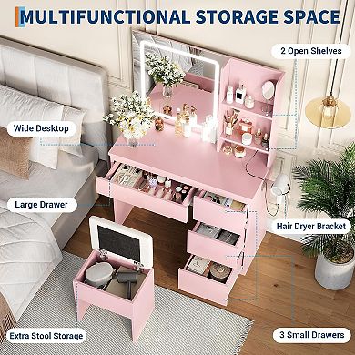 Lighted Makeup Vanity Desk with 4 Drawers, Power Outlet, Stool & Shelves, Adjustable Lighting