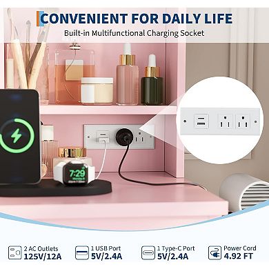 Lighted Makeup Vanity Desk with 4 Drawers, Power Outlet, Stool & Shelves, Adjustable Lighting