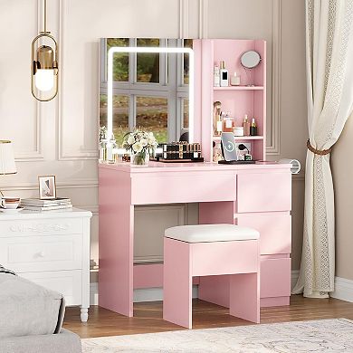 Lighted Makeup Vanity Desk with 4 Drawers, Power Outlet, Stool & Shelves, Adjustable Lighting