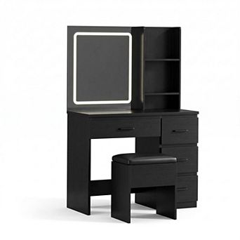 Lighted Makeup Vanity Desk with 4 Drawers, Power Outlet, Stool & Shelves, Adjustable Lighting