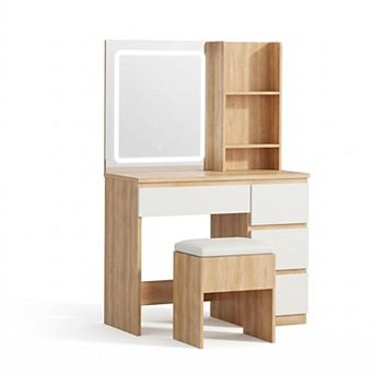 Lighted Makeup Vanity Desk with 4 Drawers, Power Outlet, Stool & Shelves, Adjustable Lighting