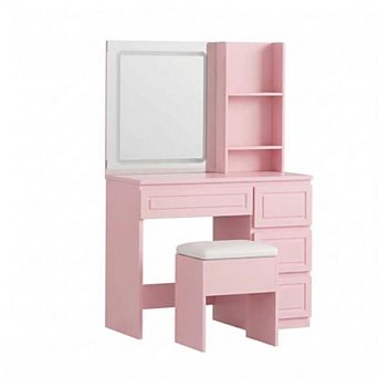 Lighted Makeup Vanity Desk with 4 Drawers, Power Outlet, Stool & Shelves, Adjustable Lighting