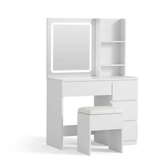 Lighted Makeup Vanity Desk with 4 Drawers, Power Outlet, Stool & Shelves, Adjustable Lighting