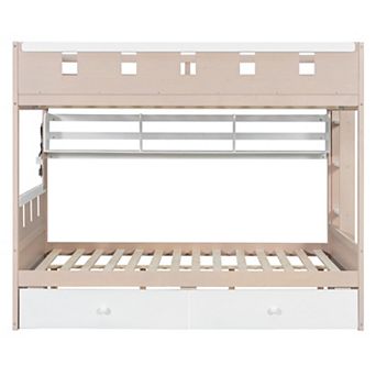 Trikiousd Castle Style Bunk Bed Kids Bed Frame with 2 Storage Drawers and LED