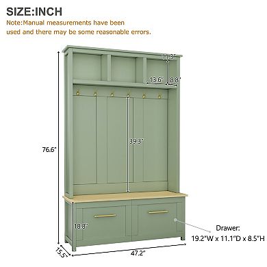 Trikiousd 4-in-1 Hall Tree Entryway Coat Rack with 6 Golden Hooks, Wood Grain Bench & 2 Drawers