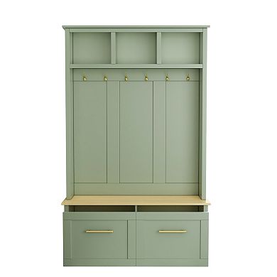 Trikiousd 4-in-1 Hall Tree Entryway Coat Rack with 6 Golden Hooks, Wood Grain Bench & 2 Drawers