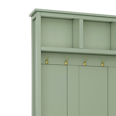 Trikiousd 4-in-1 Hall Tree Entryway Coat Rack with 6 Golden Hooks, Wood Grain Bench & 2 Drawers