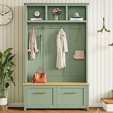 Trikiousd 4-in-1 Hall Tree Entryway Coat Rack with 6 Golden Hooks, Wood Grain Bench & 2 Drawers