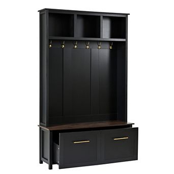 Trikiousd 4-in-1 Hall Tree Entryway Coat Rack with 6 Golden Hooks, Wood Grain Bench & 2 Drawers